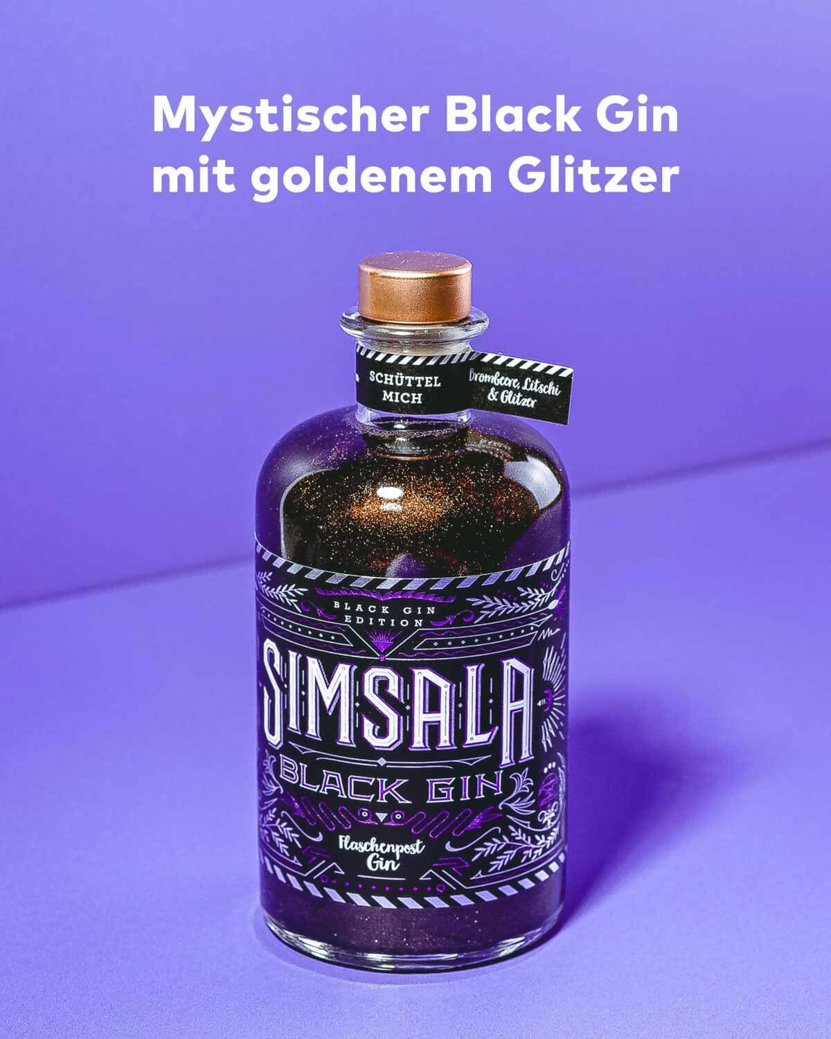 SIMSALA BLACK GIN by Flaschenpost Gin - Black Glitzer Edition mit Brombeere & Litschi - Glitter Drink mit Farbeffekt - Special Edition - Handmade in Deutschland (0,5l) - Geschenkidee zu Muttertag