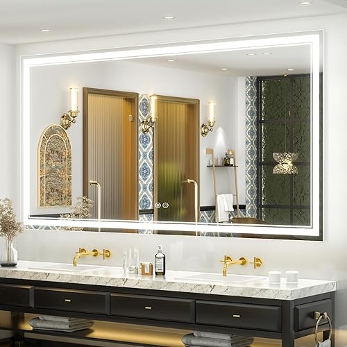 OKPAL Espejo de baño de 72 x 40 pulgadas con luces, espejo de tocador con luz LED antivaho inastillable, espejo de tocador montado en la pared con