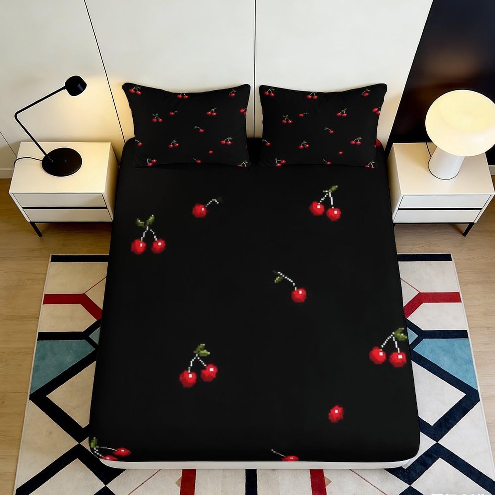Jqzkxnhpbr Style-8 3D Printed Cherry Pattern Fitted Sheet Microfiber Soft Black Bed Sheet For Bedroom Guest Room Decor Dustproof Washable 90X200x25cm