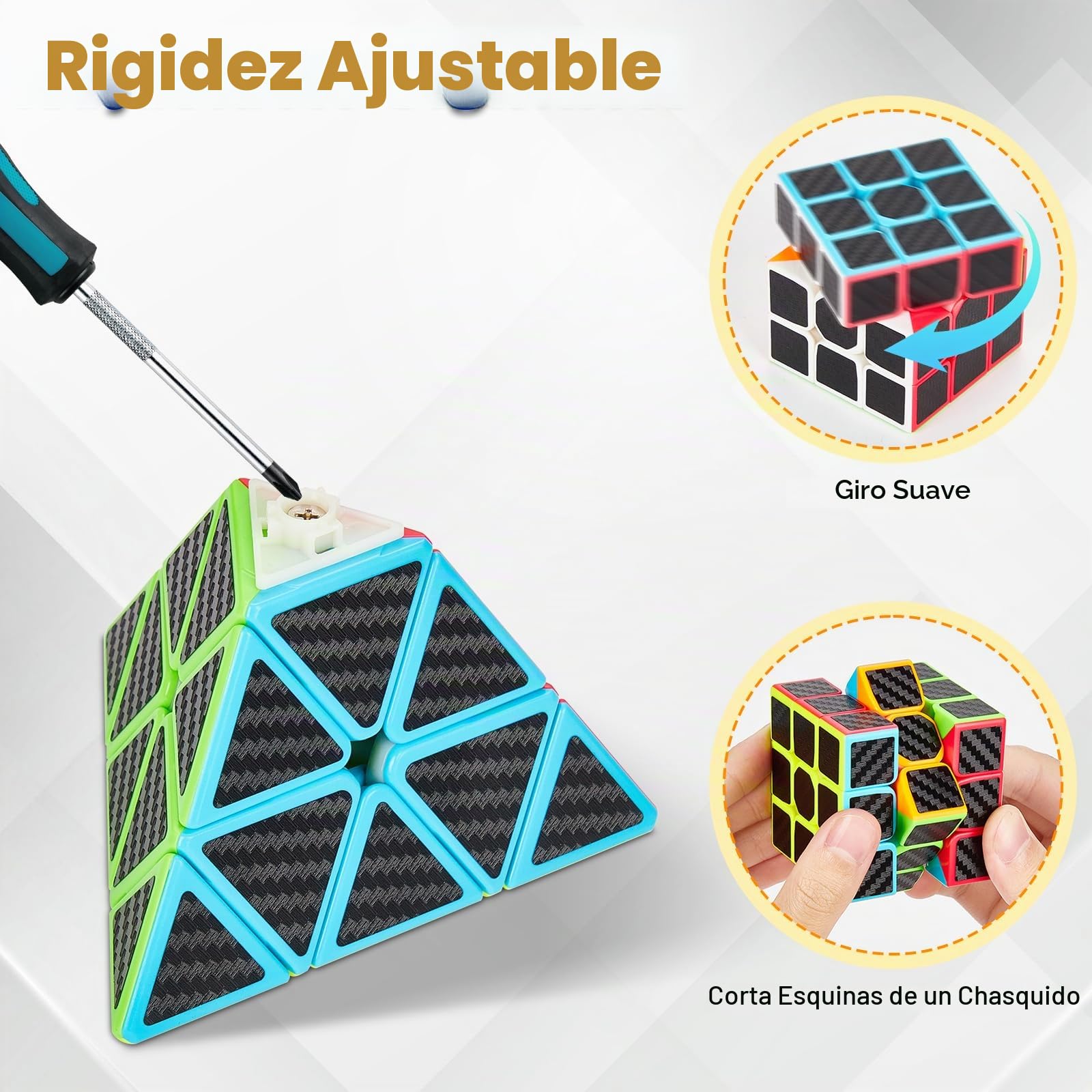 Coolzon Speed Cube Set de Pyraminx + Megaminx + 2x2 + 3x3 + 4x4 Magic Puzzle Cubes 5 Pack Cubo Mágico para Niño Adulto con Adhesivo de Carbono Fibra