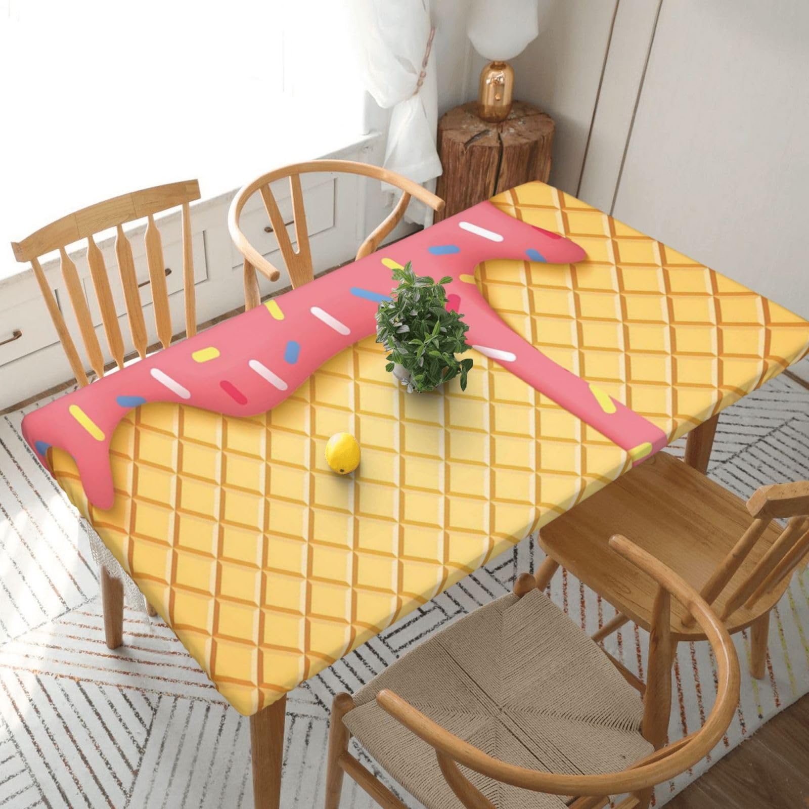 DCEHGEW Elastic Fitted Rectangle Tablecloth for 5ft Tables, ice cream and Waffle Pattern Printed Oilproof & Washable Fabric Picnic Table Cloth Table Covers