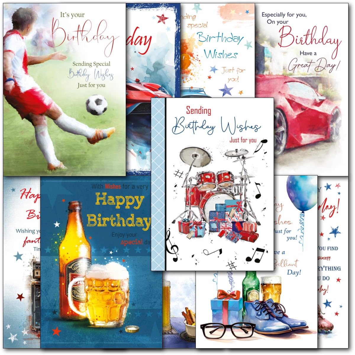 doodlecards Pack 10x Mixed Contempory Male Happy Birthday Cards. Multipack Guitar Cars Lager Beer Drumkit Supercar Football Cards with Envelopes. Made in the UK.