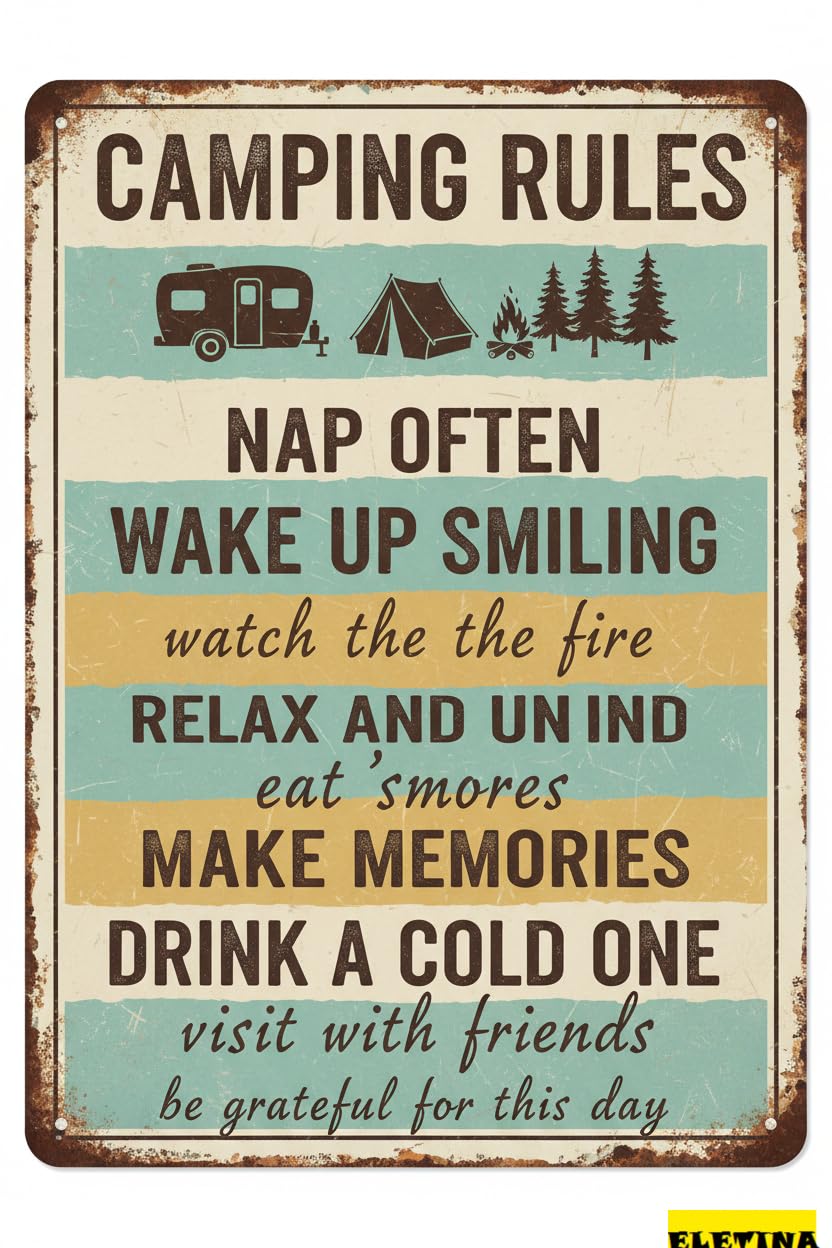 Vintage Metal Tin Sign Camping Rules Rustic Camper Room Decor Outdoors Yard Aluminum Farmhouse Campsite Decorations Gift Women Men 8x12 Inch