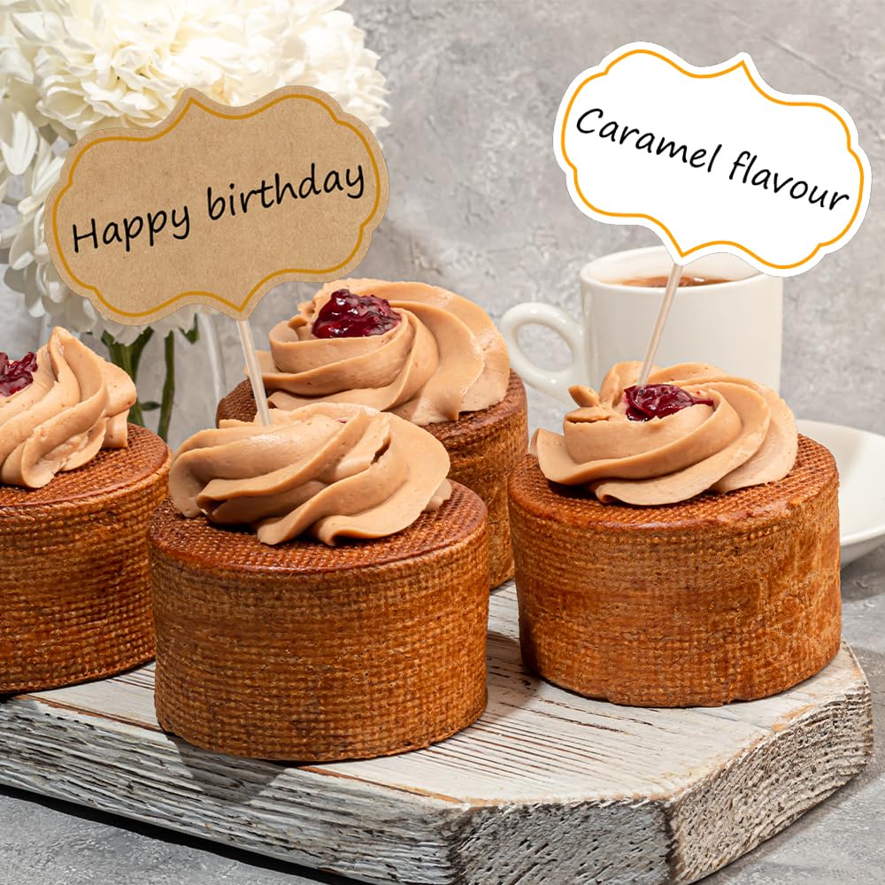 YUXMU 56 Stück Buffet Schilder Set – 9×6 Cm Karten + Bambusspieße + Kleber – Schwarz/holzfarben – Für Kuchen, Desserts, Partys, Hochzeiten & Catering
