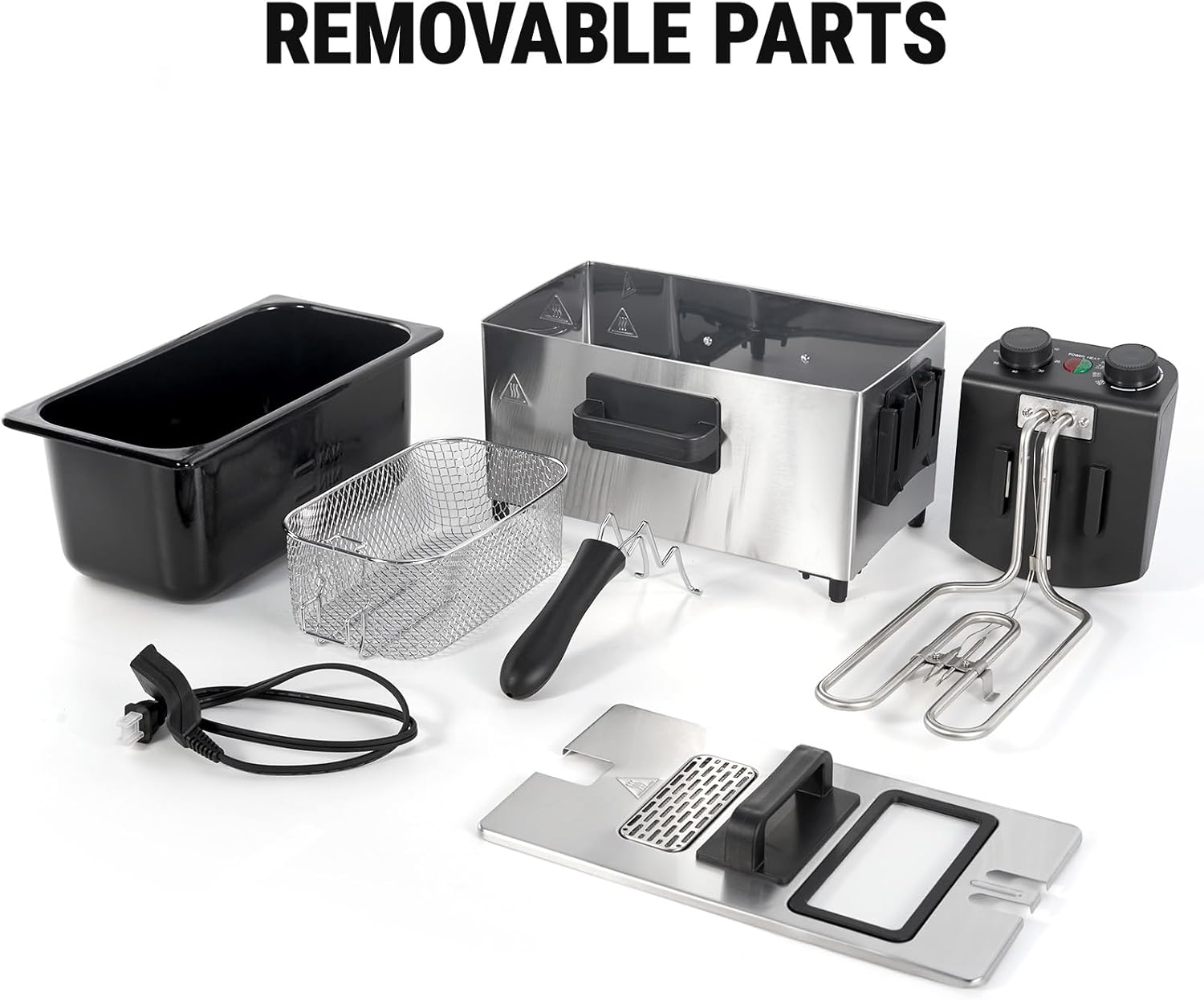 All removable parts of the deep fryer laid out: oil tank, frying basket, handle, magnetic cord, lid, and control unit with heating element.