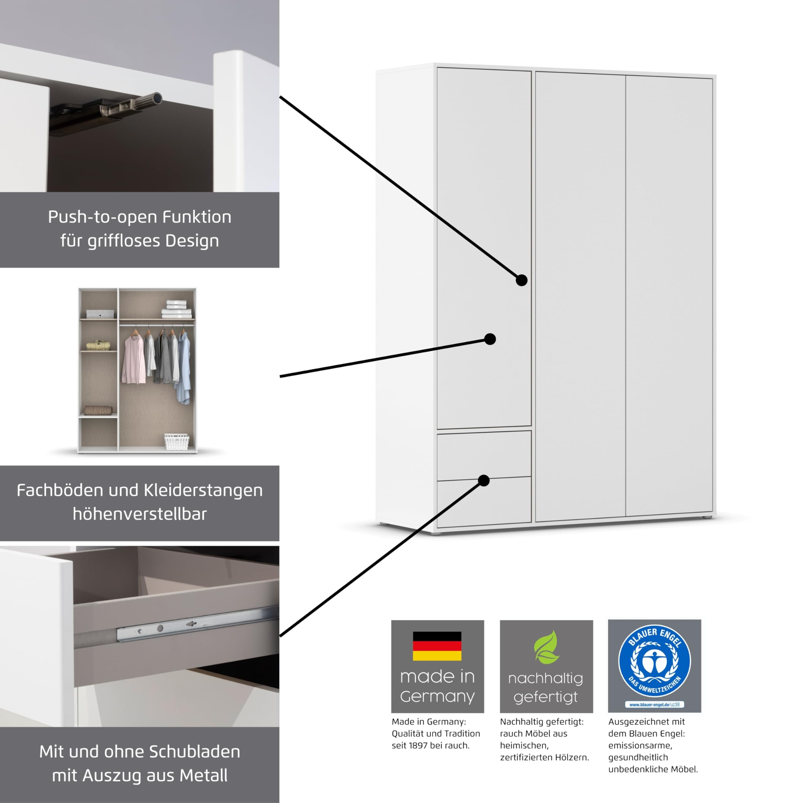 Rauch Möbel Nabila Kleiderschrank für Schlafzimmer, Kinderzimmer, Jugendzimmer, Flur, 4-türig, Push-to-Open, mit Zubehör Classic, Farbe Weiß, Breite 187 cm