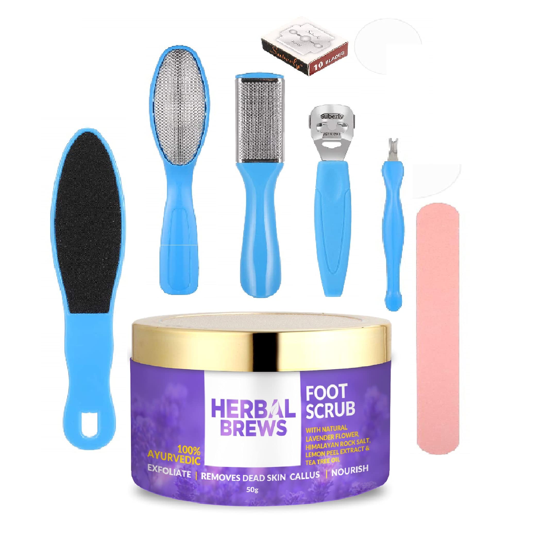 Herbal Brews-Foot Scrub With Natural Lavender Flower, Himalayan Salt, Lemon Peel Extract & Tea Tree Oil (50G) + Pedicure Tools For Feet-8 In 1 Pedicure Kit, 1 Set (Lavender Scrub + Pedicure Tools 8)