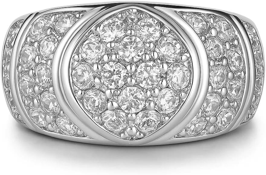 12mm Wide Chunky Pave Band Ring for Women, Geometric CZ Cigar Band, 18K White Gold Plated Statement Ring, Tapered Comfort Fit Dome Interior R119