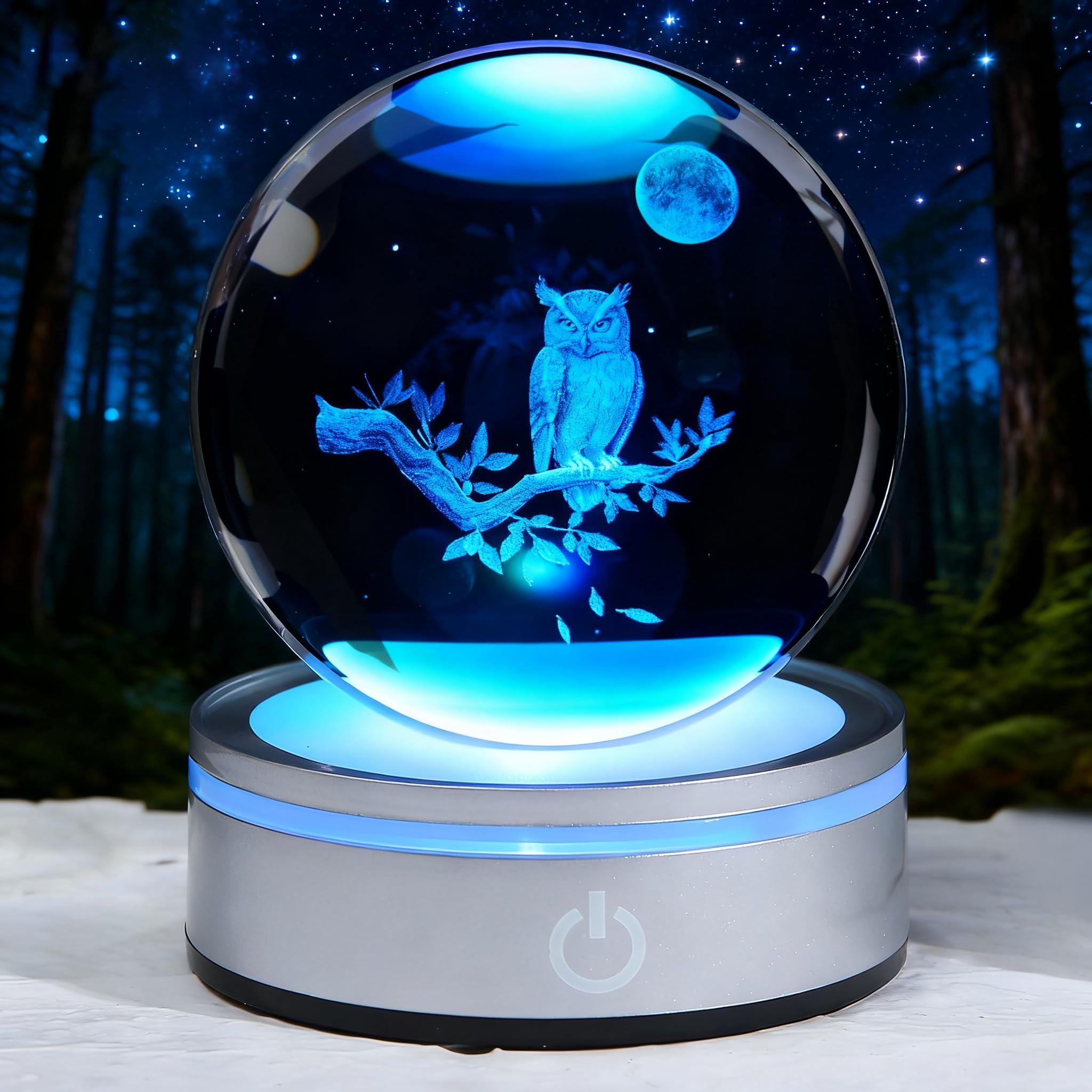 POSSHE Owl Gifts, Owl Night Light, 3D 3.15 Inch (80mm) Crystal Ball Lamp with Battery Powered, RGB Color Light for Birthday Xmas Cool Upgraded Bird Figurines Gifts for Room Decor Boys Girls