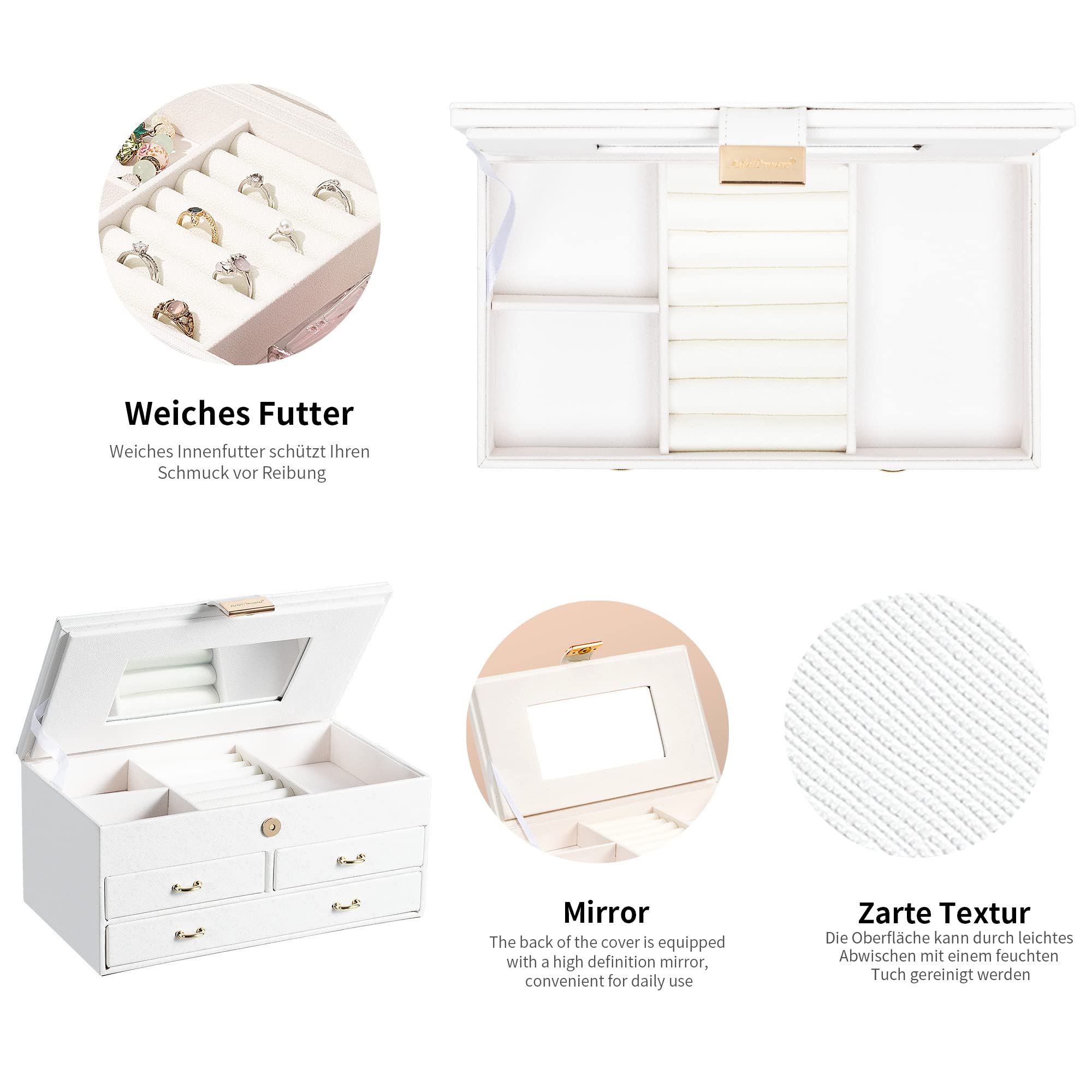 ADEL DREAM Portagioie a 3 Livelli con Fibbia in Oro Rosa Custodia per Gioielli in Pelle PU Regalo in Morbido Velluto per I tuoi Cari e Amici Bianco