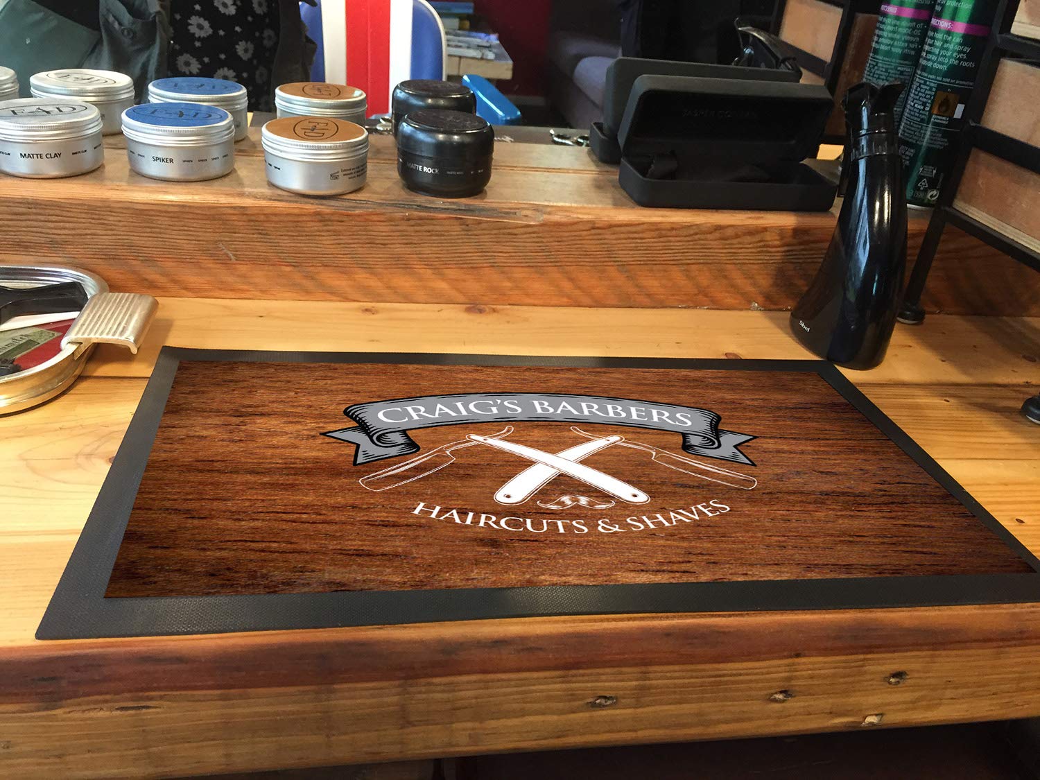 Artylicious Personalised Barbers Shop, Razors Wood Effect bar mat Runner Counter mat