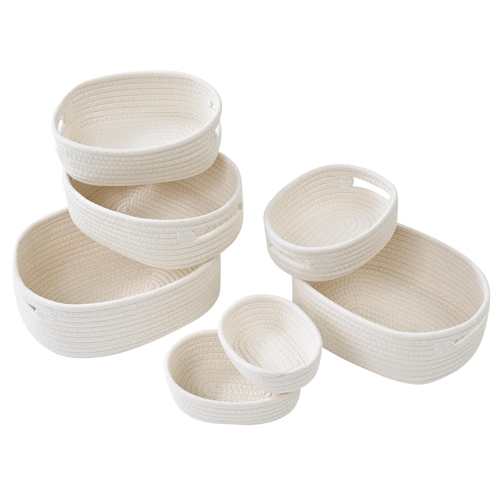 MANGATA Small Cotton Rope Woven Storage Baskets, Hamper Baskets for Gifts Empty, Decorative Storage Boxes for Shelf, Drawer, Towel, Toy, No Crease, Soft Material, Odourless (White, Set of 7)