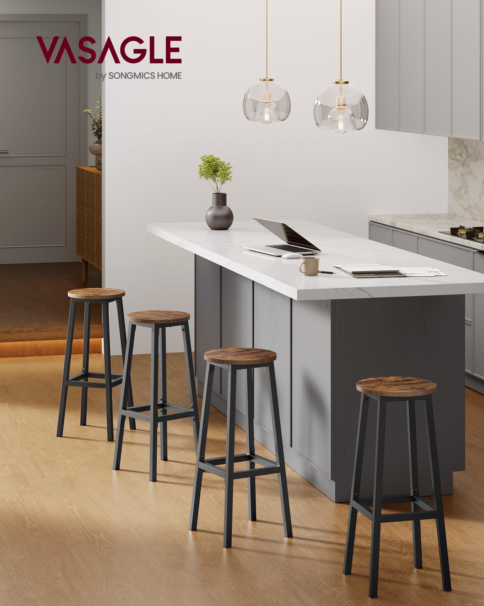 VASAGLE Tabourets de Bar, Lot de 2, Chaises, Siège Haut, Cadre Métallique, Montage Facile, Hauteur 74 cm, Repose-Pieds, pour Cuisine, Salon, Salle à Manger, Marron Rustique et Noir LBC132K01