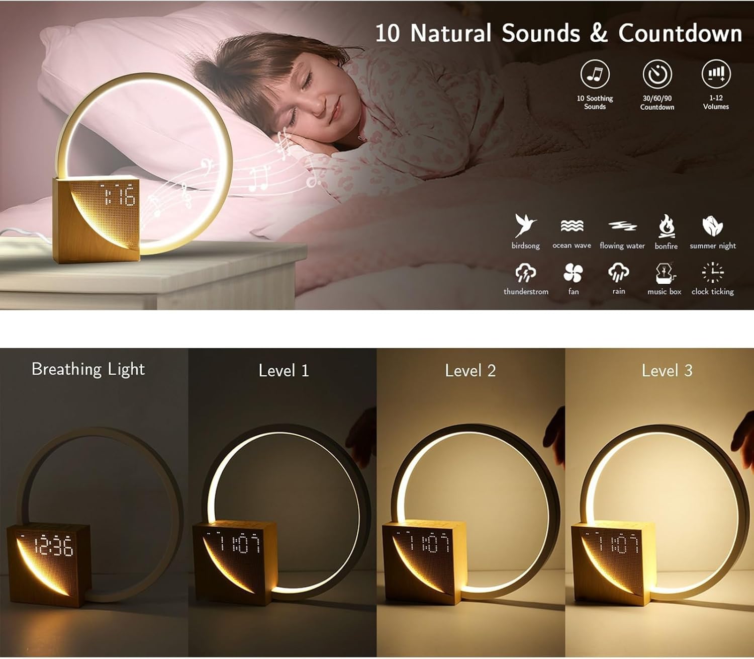 Wake Up Light Sunrise Alarm Clock with Dual Alarms, Natural Sounds, Adjustable Night Light, Touch Control Bedside Lamp for Gentle Wake Up