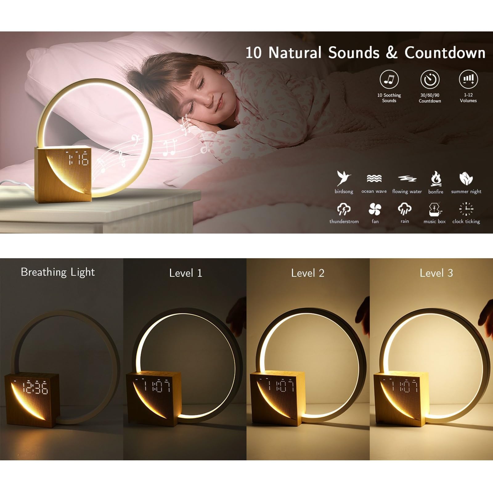 Réveil Lumineux Wake Up Light Sunrise avec Double Alarme, Sons Naturels, Veilleuse Réglable, Lampe De Chevet à Commande Tactile pour Un Réveil En Douceur
