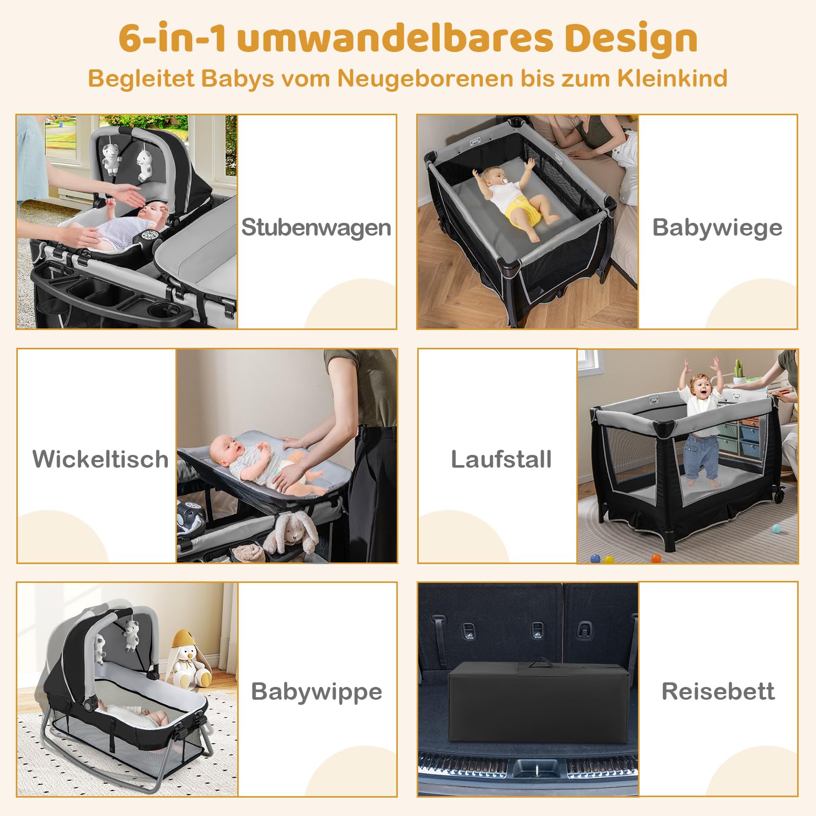 COSTWAY 6 in 1 Reisebett mit Matratze, mobile Babywiege mit verstellbarem Vordach, Babybett Beistellbett klappbar mit Wickelauflage, Spieluhr & Tragetasche für Baby bis 3 Jahre, 15 kg Belastbar (Grau)