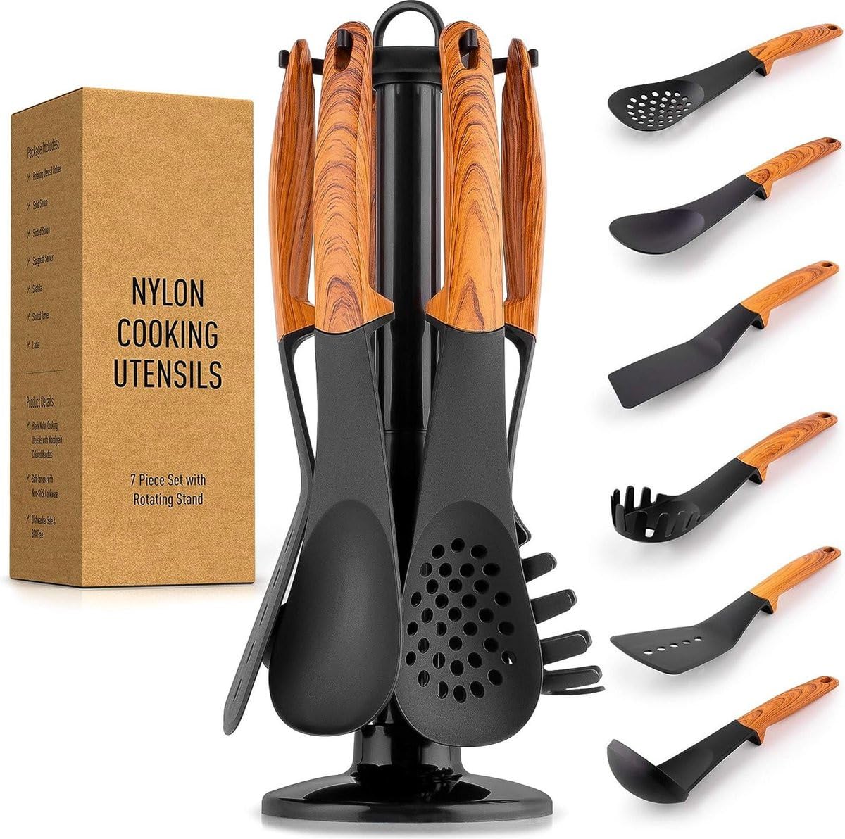 ROYALTY LINE, RLU03, Set de 6 ustensiles de cuisine avec support rotatif 360° en nylon imitation bois, poignées confortables, design moderne, noir/​marron, H 36 cm