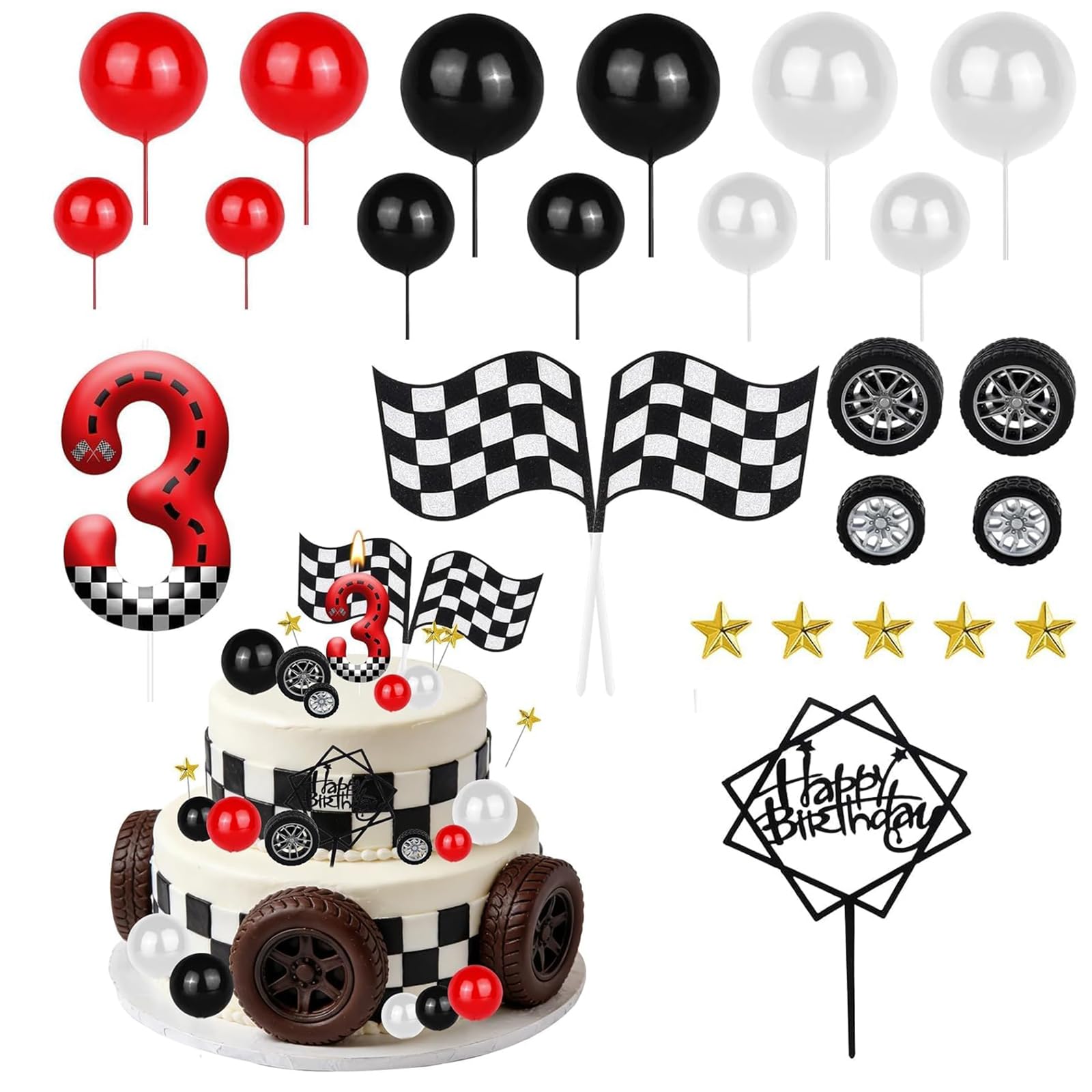 Exylosluxek 24-Piece Checkered Flag Car Theme Cake Topper Set, Car Cake Decorations for Birthday Parties