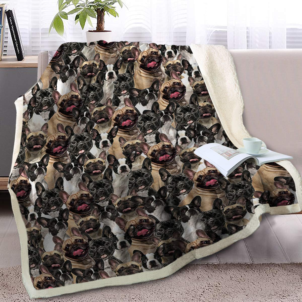 BlessLiving Fuzzy Dogs Blanket For Kids Adults Cute Puppy Fleece Blanket Reversible Animal Pattern Sherpa Throw Twin/Double (French Bulldog,150x200cm)
