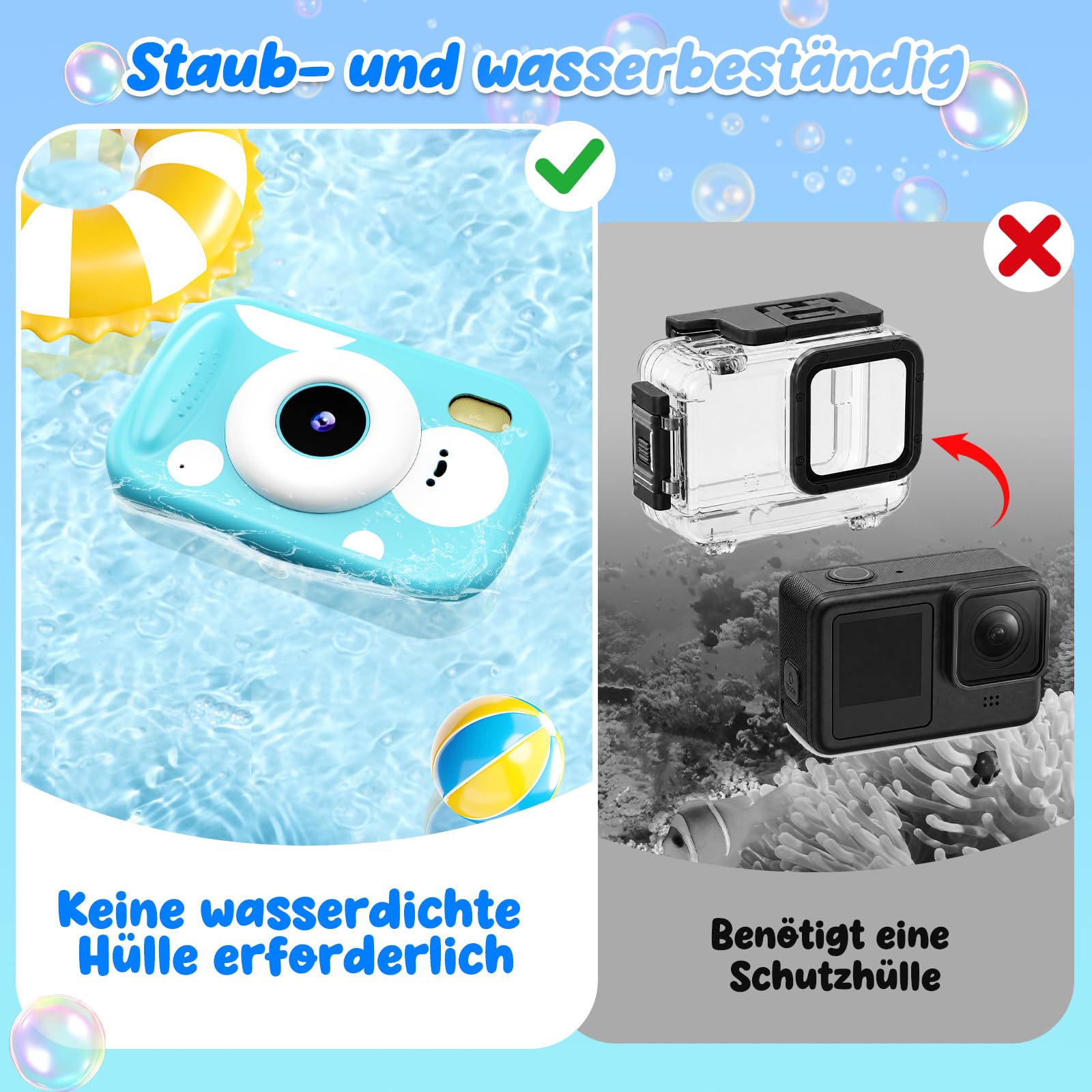 CHAKEYAKE Unterwasserkamera, IP67 10M/32.8FT Kinderkamera 1080P wasserdichte Digitalkamera mit 2.4" HD Bildschirm, 10X Digitalzoom, SD Karte, Geschenk für Jungen und Mädchen 3–12 Jahre, Blue