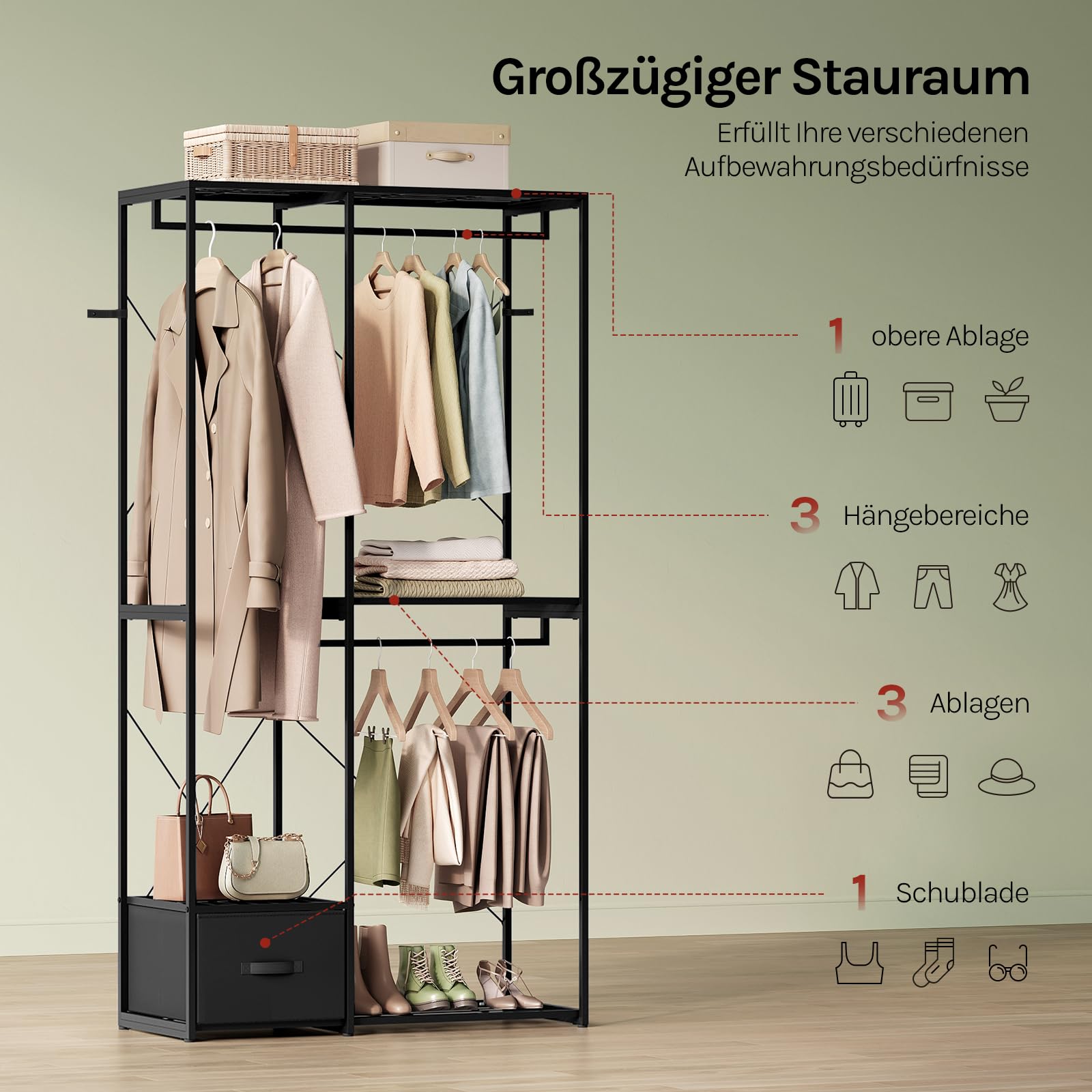 WOLTU Kleiderständer, mit 2 Kleiderstangen, 4 Ablagen und 1 Stoffschublade