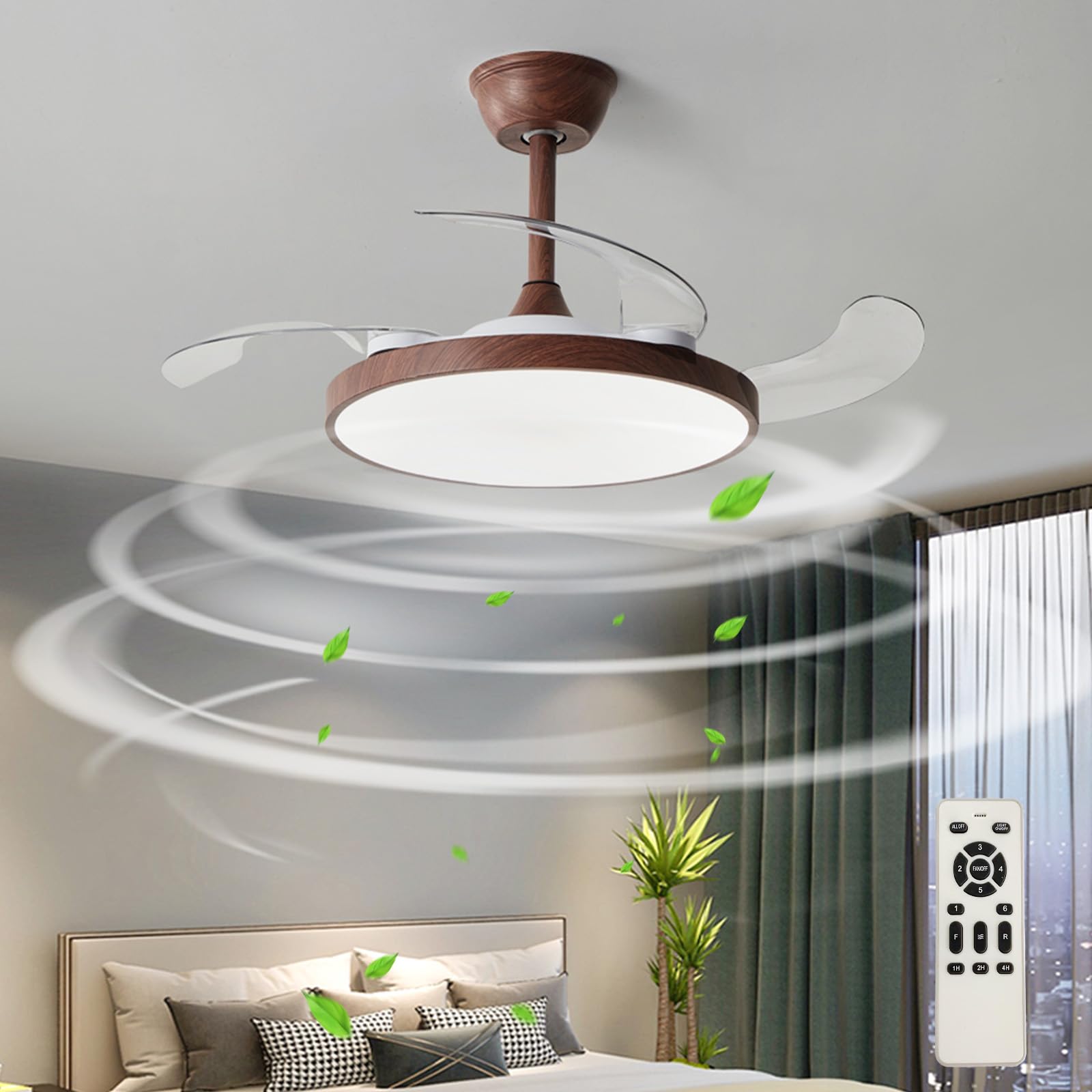 SXDMOUBK Modern Retractable Ceiling Fan with Light Remote Control Silent Operation Dimmable LED Reversible Blades 6 Speed Settings Ideal for Bedroom 108cm Wood Finish