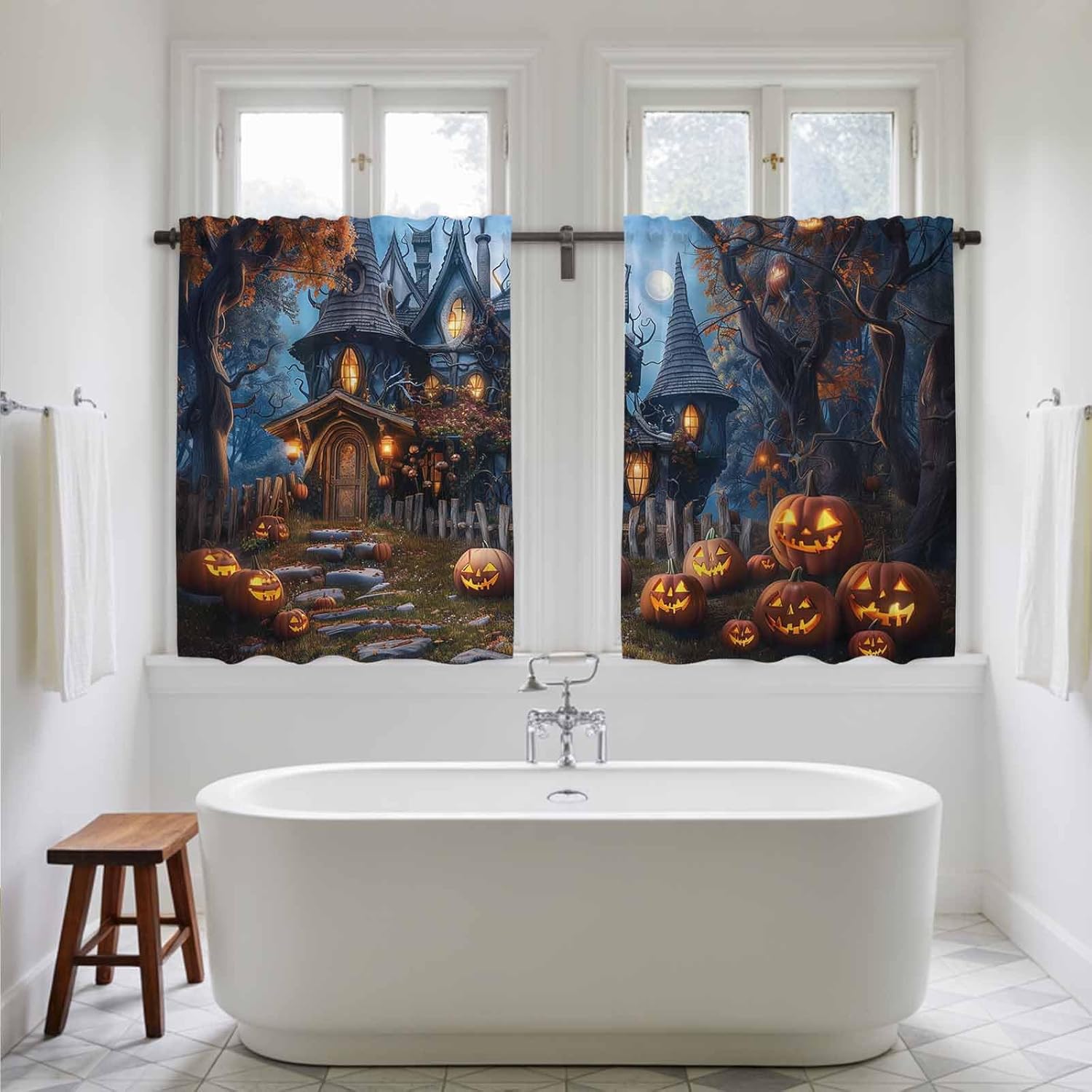 Halloween Kitchen Tier Curtains 45 Inch Long 2 Panel Set,Rod Pocket Short Window Treatment,Forest Ghost Pumpkin Castle Vintage Cottage Curtains & Drapes for Bathroom Basement 27.5"W x 45"L