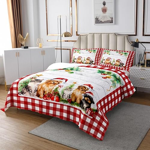 Miniatura 3 de Erosebridal Juego de ropa de cama de Navidad tamaño Queen para niños y niñas, bonito juego de edredón de gatito y cachorro, decoración rústica de