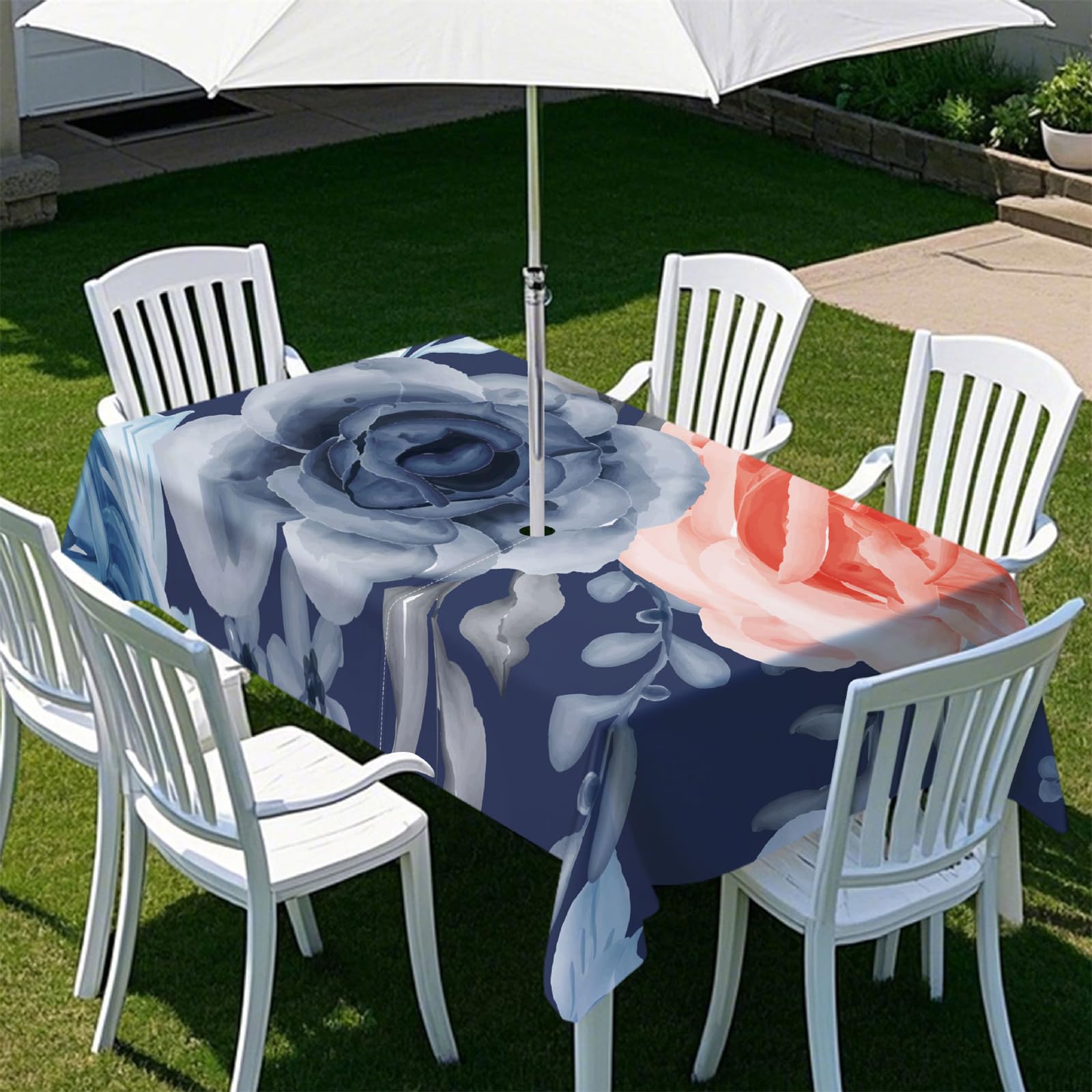 Highdi Rectangle Tablecloth with Parasol Hole, Outdoor Garden Tablecloth with Umbrella Hole Waterproof Non-Slip Tablecloth with Zipper Protector (305x152cm,Spring Flower 9)