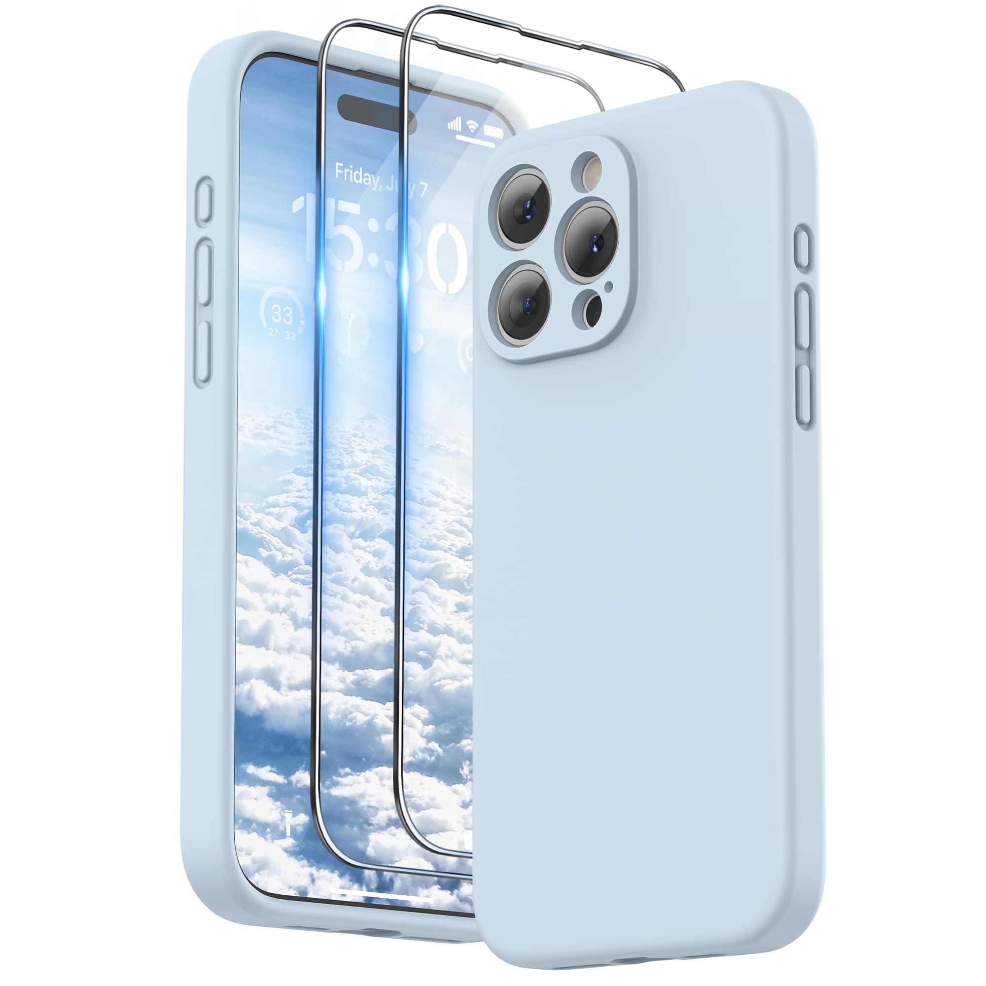 SURPHY Designed for iPhone 15 Pro Max Case with Screen Protector and Lanyard, Phone Strap and Liquid Silicone Phone Case (Camera Protective & Soft Microfiber Lining) 6.7 inch 2023, Cloud Blue