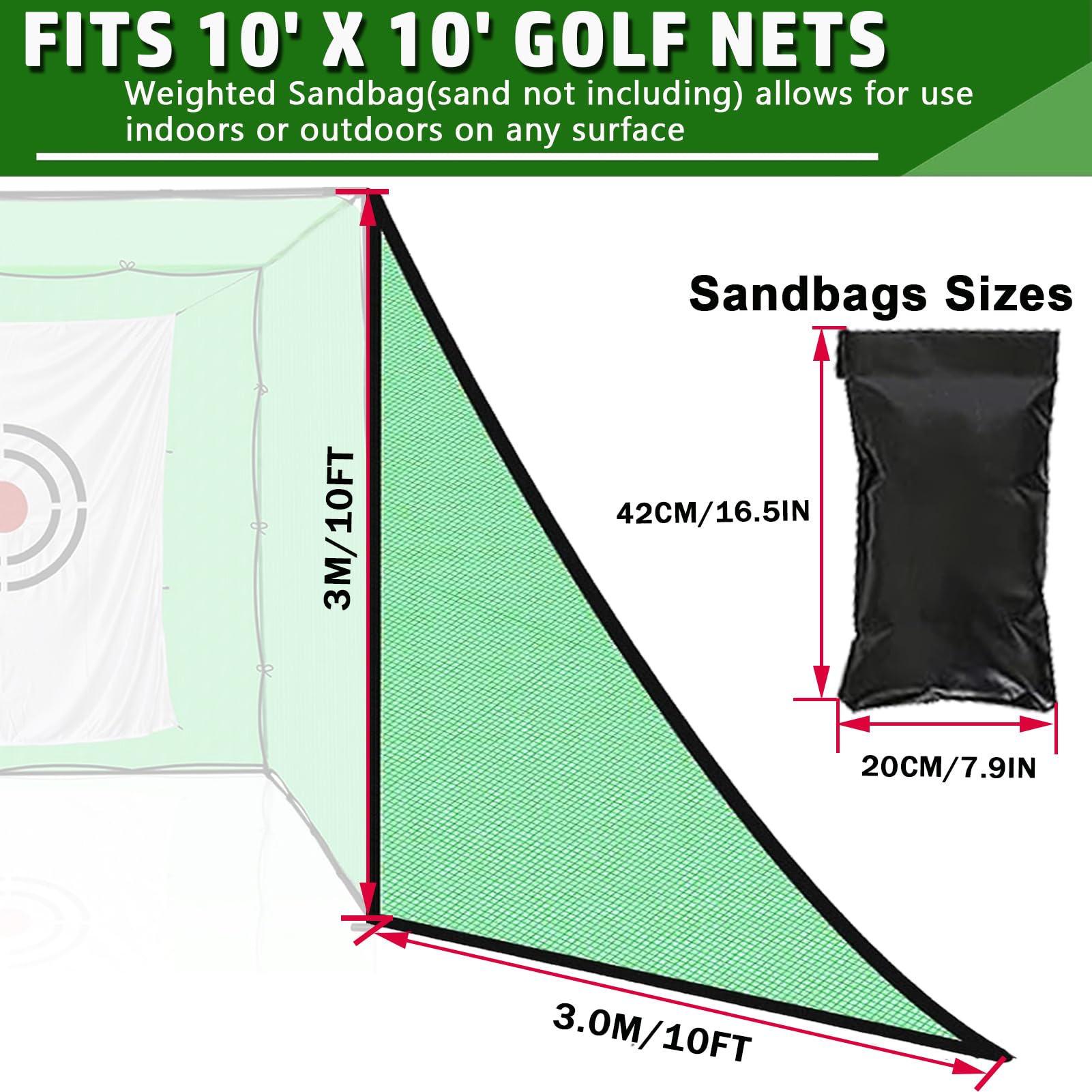 Obokidlyamor 2PCS Green Golf Triangle Side Net with Sandbags; Shank Net Barrier Net for Golf Driving Cage Frame (10' X 10')