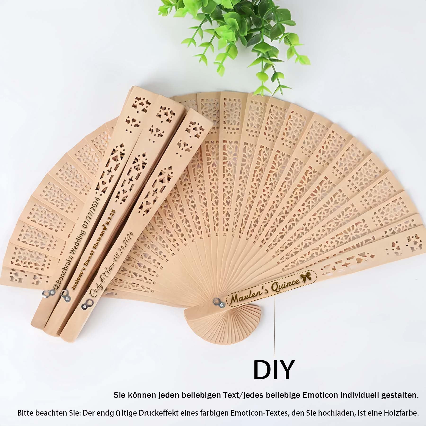 100Pcs Personalisierbarer Fächer mit Gravur Text/Symbole Holzfächer Naturholz Damen Handfächer für Hochzeiten, Sauna, Rave,Festival & Deko Hochzeitsgeschenke,Fächer Set, Mengenrabatt (100)