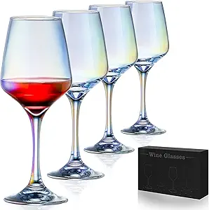 Iridescent Crystal Rainbow Wine Glasses - Stemware for Wine Tasting, Wedding, Anniversary, Christmas, Birthday (Set of 4)
