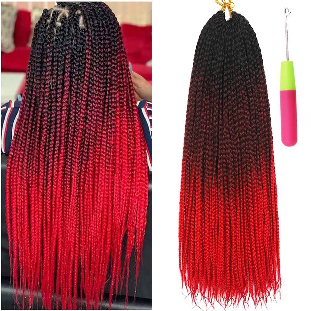 Box Braids Crochet Hair Red Ombre 24 Inch Pre looped Crochet Hair Extensions Hand Made 3 Packs Twist Crothet Braids Hair for Women Braiding Hair Extensions 22 Strands/Pack (Black-Wine Red-Red)