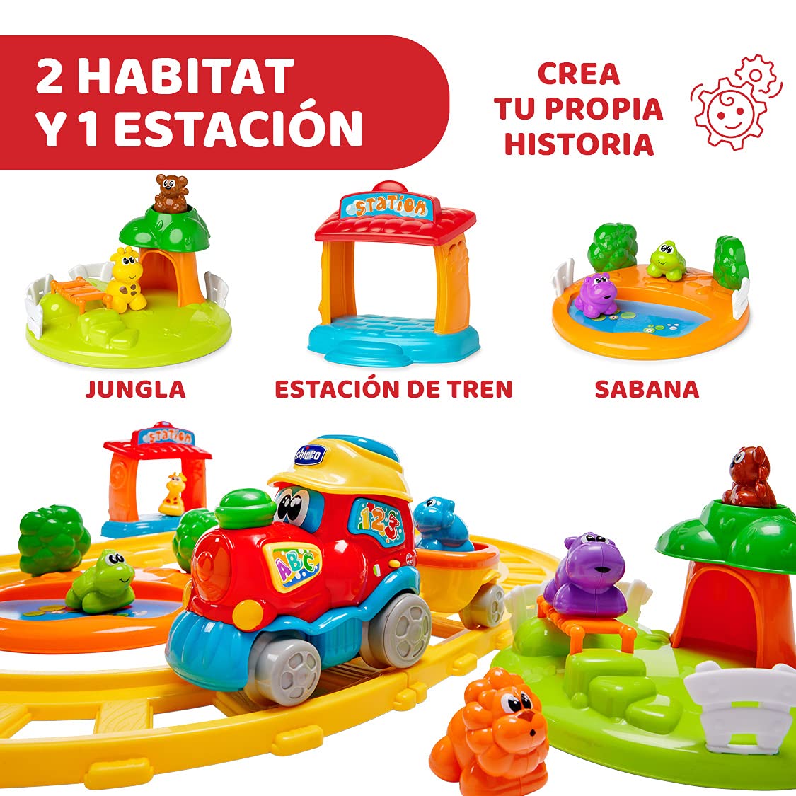 Chicco Tren Aventura, Juguete Bilingüe Español-Inglés - Set de Tren con Locomotora, Estación y 6 Animales – Juego Educativo Electrónico con Frases y Canciones– Juguete para Niños de 1 a 4 Años