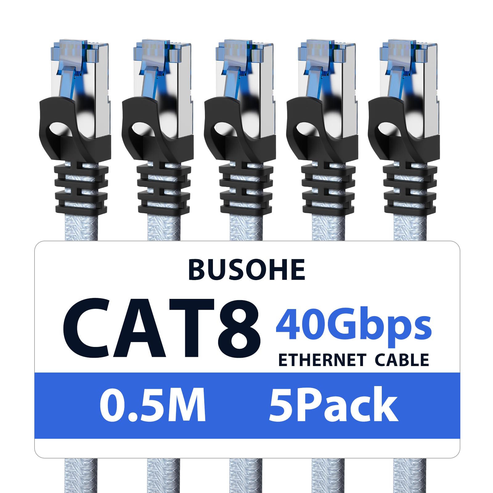 BUSOHE Cat 8 LAN Kabel 0,5m (5-Stück), 40Gbps 2000MHz Ethernet Kabel Netzwerkkabel, Flach Hochgeschwindigkeits Gigabit RJ45 Patchkabel, Geflochtener Internet Kabel Kompatibel mit PC, Router, Modem