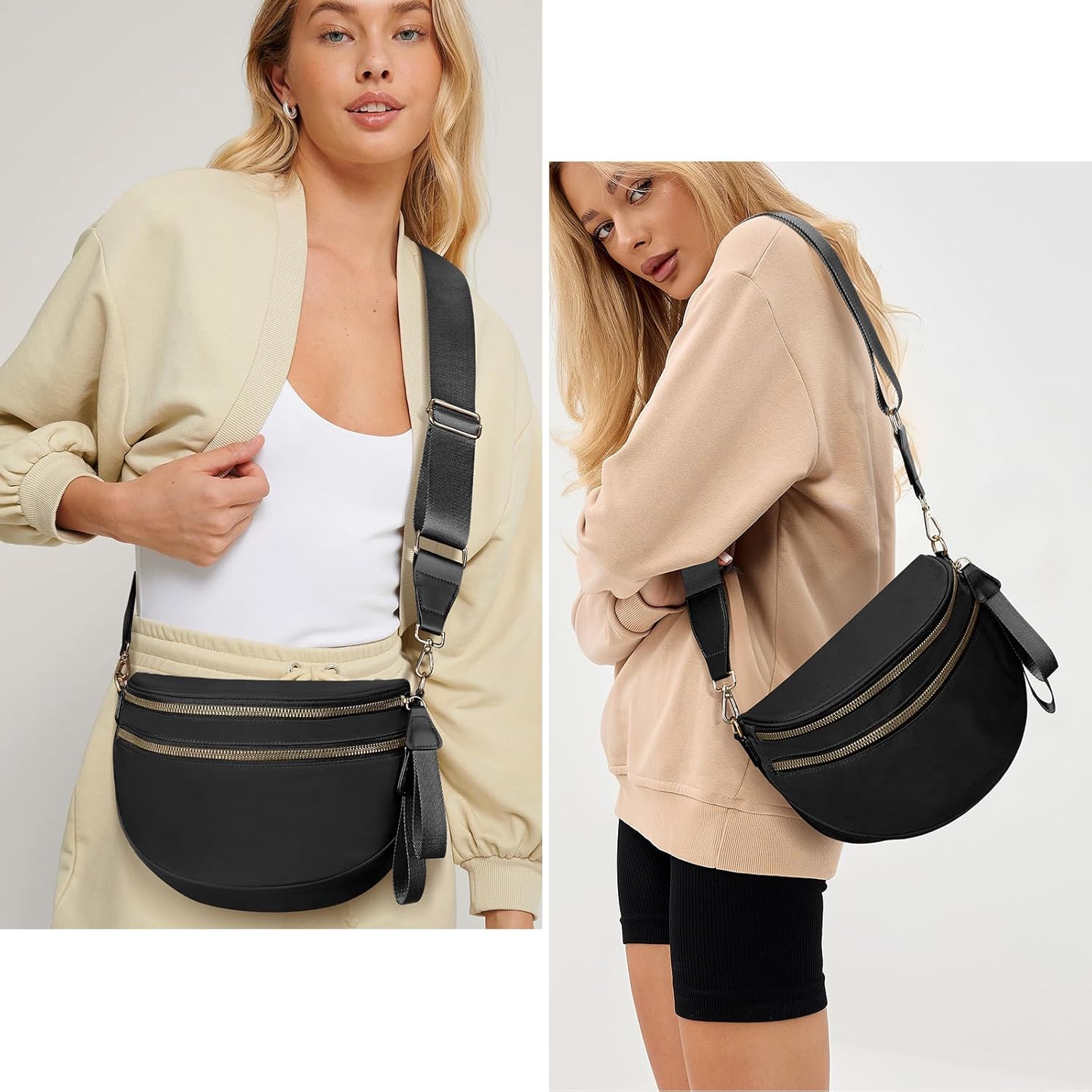 Bum Bags for Women Nylon Crossbody Bag Solid Spacious Cresent Sling Belt Half Moon Purse with Adjustable Strap Trendy Satchel - Image 2