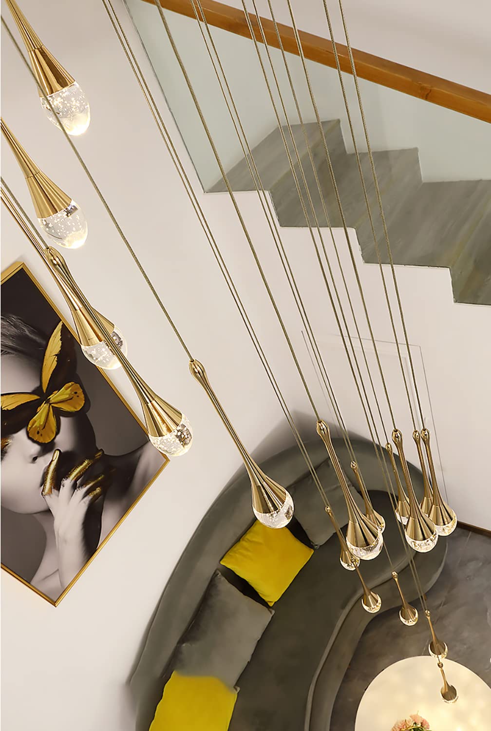Pendelleuchte 305Cm Lange Regentropfen Kristall Kronleuchter,16 Lichter Dimmbar LED Gold Treppen-Kronleuchter,Lampen für Dekoratives Villa Decken,Foyer,Treppenhaus,Wohnzimmer,Loft-Deckenleuchten,80W