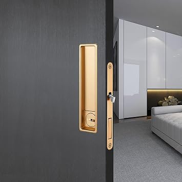 Pocket Door Lock Hardware with Pull,Invisible Sliding Door Lock Handle, Recessed Door Handle Lock for Furniture Hardware, Gold