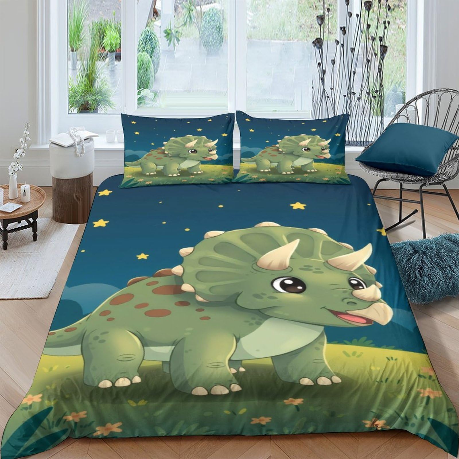 GPLZQXKJNH 3D Printed Cartoon Dinosaur Duvet Cover Microfiber Soft Green Triceratops Bedding Set with 2 Pillowcases for Bedroom Decor Single（135x200cm）