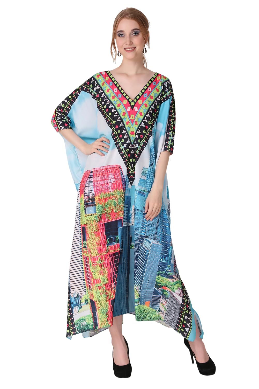 Abstract Aststic Printed Crepe Maxi Length Kaftan Dress for Women Multicolor Freesize-image-45