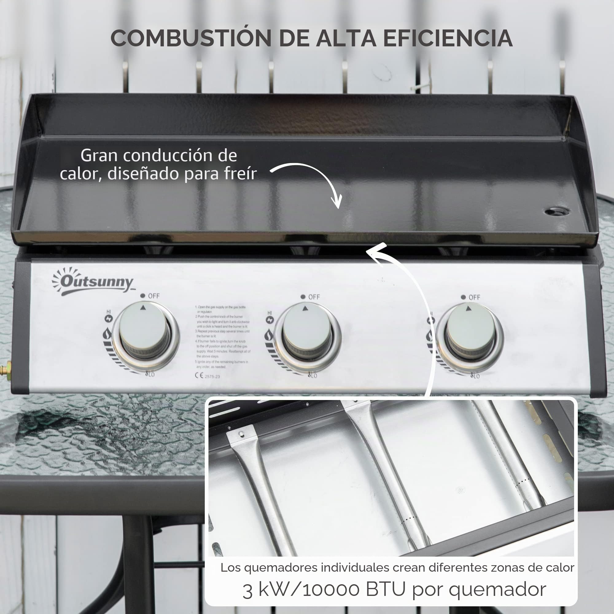 Outsunny - Plancha de gas (acero inoxidable, 3 quemadores, 9 kW, antiadherente, gran superficie de la parrilla, 61 x 35,5 cm)