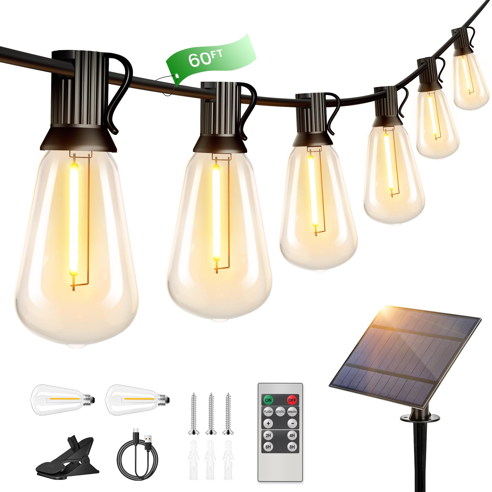 Solar Lichterkette Aussen 18M, ST38 LED Lichterkette Glühbirnen Außen 25+2 Plastik Birnen Wasserdicht IP65 für Outdoor, Garten,Terrasse,Hochzeiten,Bäume,Party Deko, 2200K Warmes Weiß 60FT