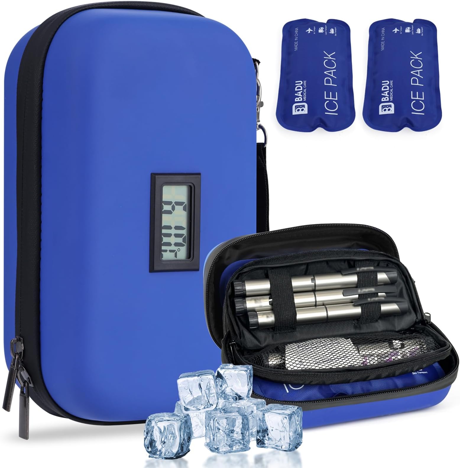Insulin Cooler Travel Case TSA Approved Refrigerated Medicine Cooler for Travel w/Thermometer Temperature Diabetic Case w/2 Reusable Ice Packs for Daily Life Trip, Blue