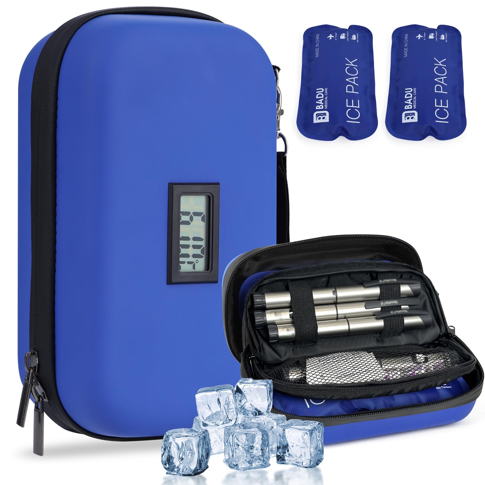 24 Hours Insulin Travel Bag TSA Approved Cooled Medication Cooler For Travel With Thermometer, Temperature Diabetic Travel Bag, With 2 Packs, Blue, 21.1 x 11.9 x 8.6 cm, Travel