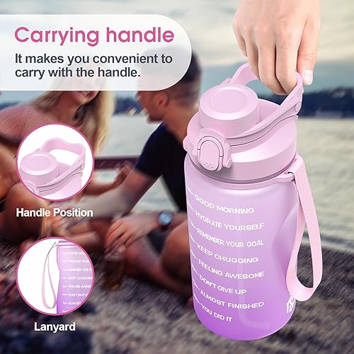 Miniatura 5 de Y&3 Botella de agua de medio galón de 64 onzas con popote y marcador de tiempo, botella de agua motivacional con asa, a prueba de fugas, jarra de