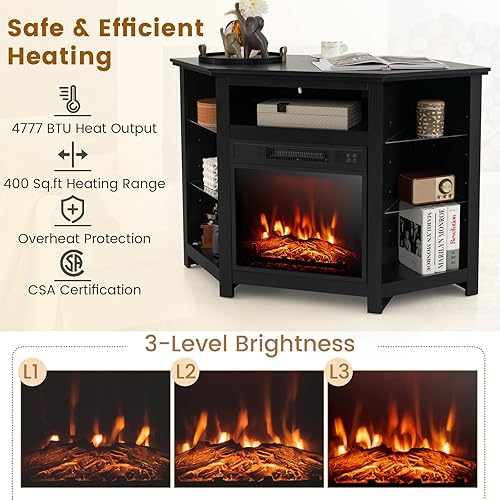 Miniatura 4 de COSTWAY Soporte esquinero para TV de hasta 50 pulgadas moderno centro de entretenimiento de chimenea eléctrica con control remoto 3 brillo