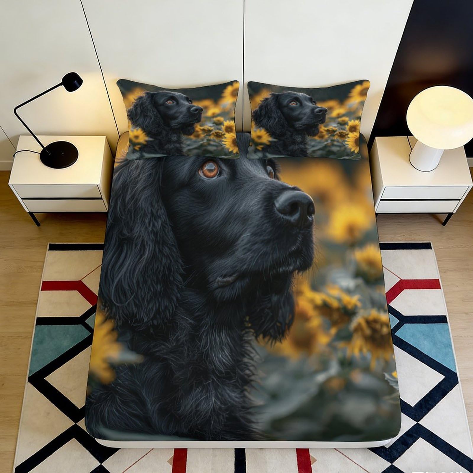 3D Printed Black Dog Yellow Sunflower Fitted Sheet Microfiber Soft Mattress Cover for Bedroom Guest Room Dorm Decor 90x200x25cm