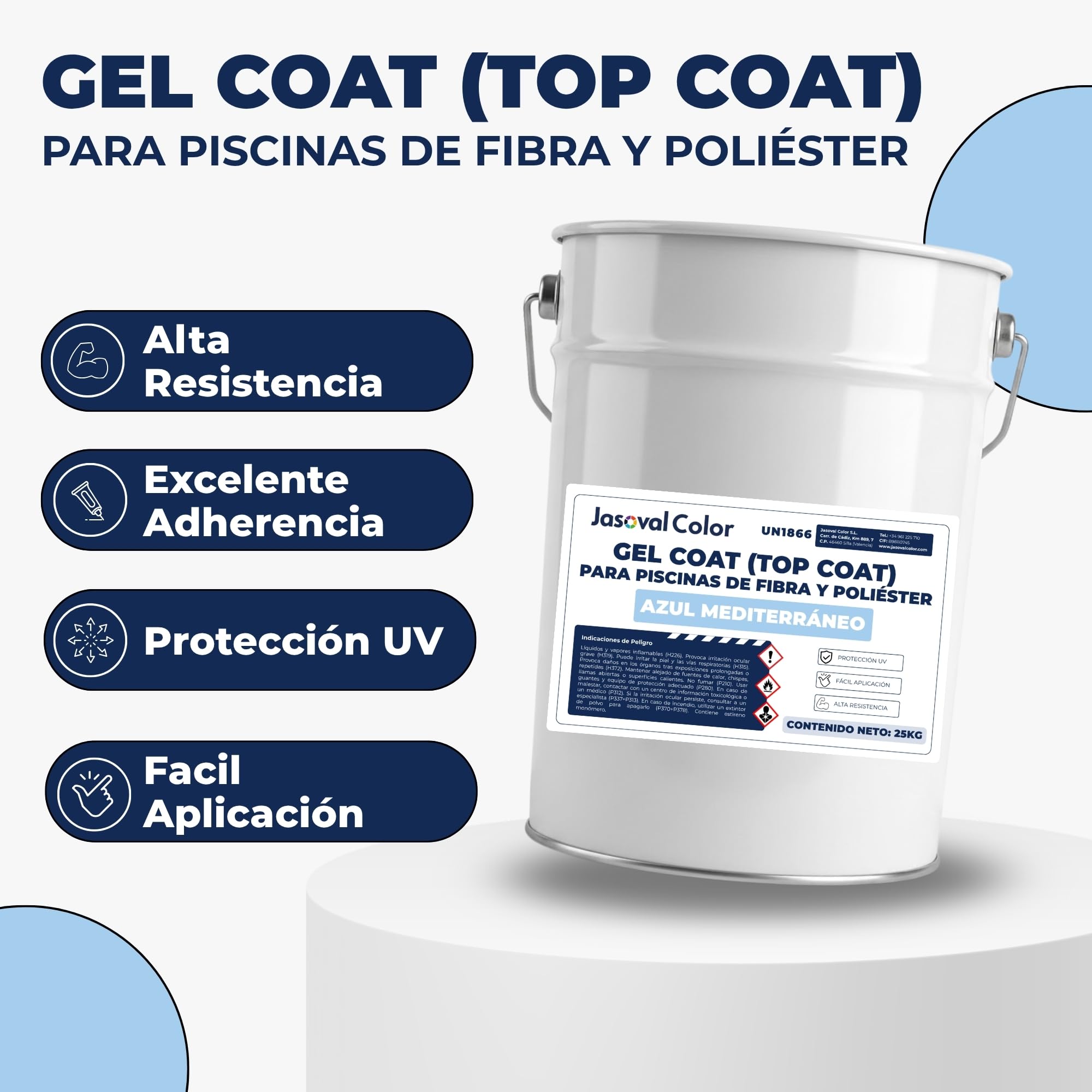 Gel Coat para Piscinas de Fibra de Vidrio y Poliester - Gel Coat (Top Coat) ISO/NPG Parafinado con Catalizador, Resistente al Cloro y Rayos UV (Azul Mediterráneo, 25 kg)
