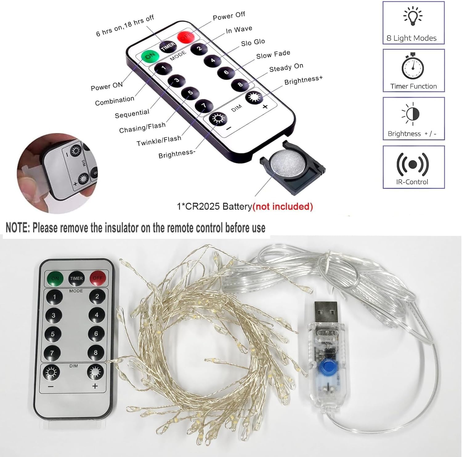 Luces de red para exteriores, Luces de hadas alambre cobre Firecrackers 9 m, 300 LED, multicolor, operadas por USB, 8 modos(Warm White)
